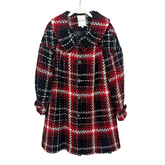 Vintage Walter Longline A-Line Pea Coat Black Red Plaid sz 4 Tweed Wool Blend - Picture 1 of 8
